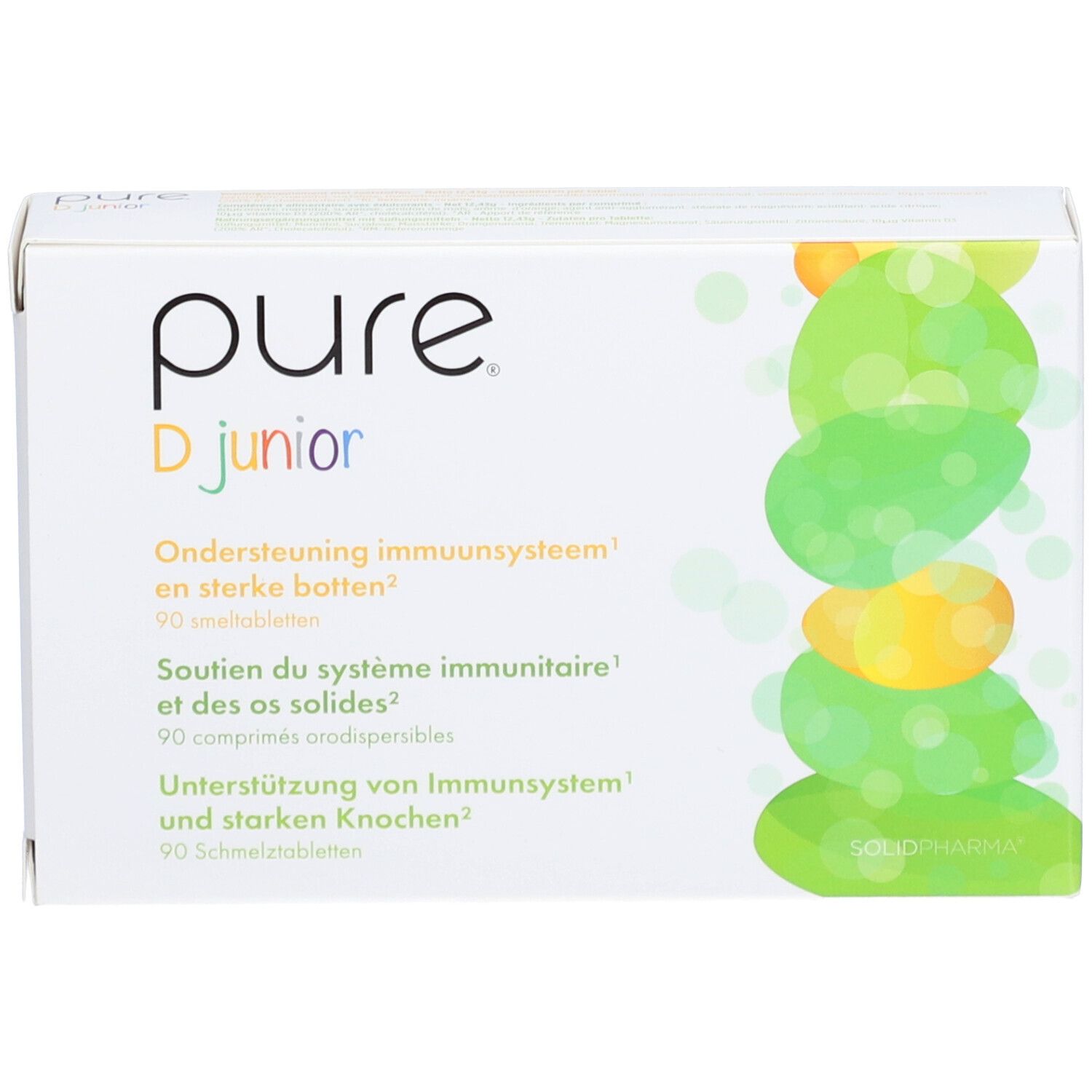 Scatola bianca con logo "pure D junior". Testo in tedesco, olandese e francese. Design verde e giallo.
