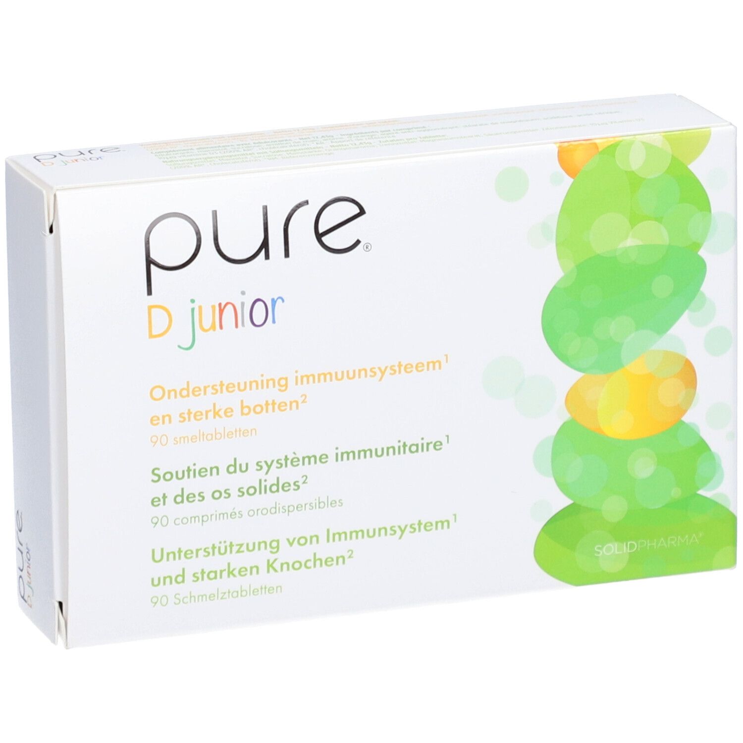 Scatola bianca con logo "pure D junior". Testo in tedesco, olandese e francese. Design verde e giallo.