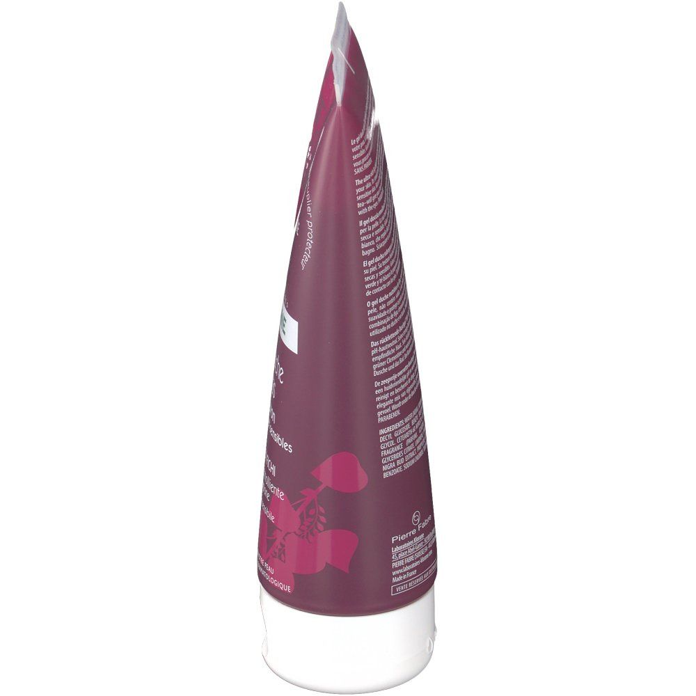 Tubo di gel doccia bordeaux, tappo bianco. Testo e logo visibili.