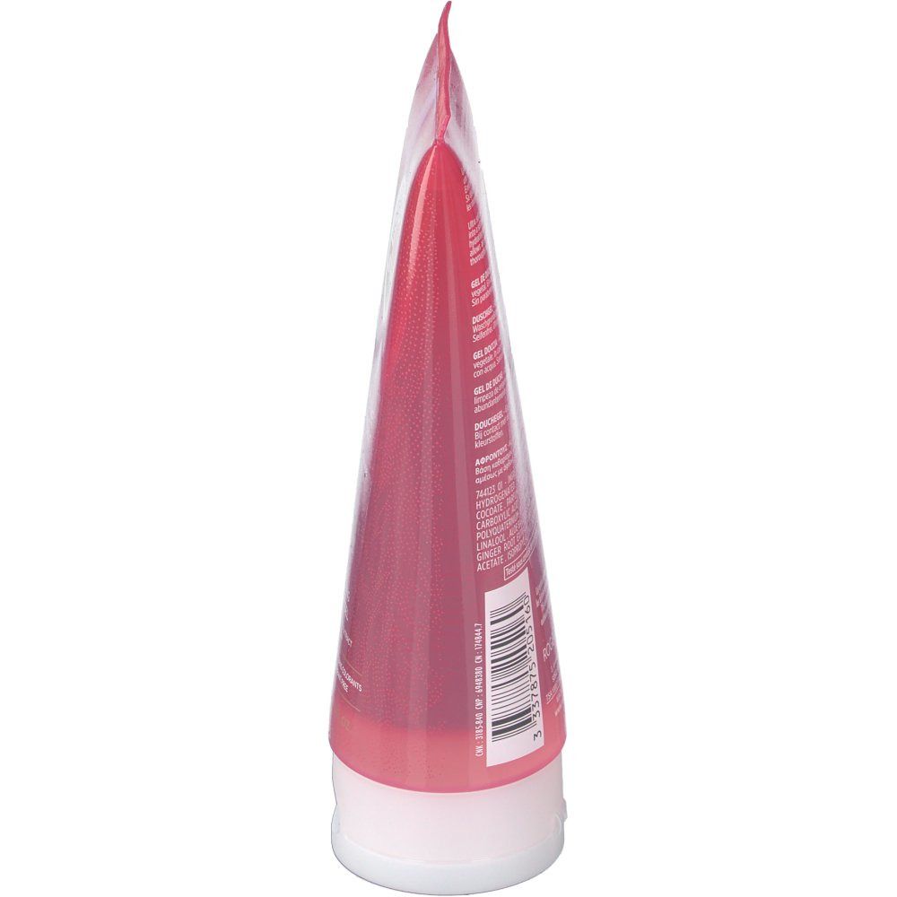 Tubo rosso, vista laterale. Tappo bianco. Testo sul tubo. Confezione trasparente.