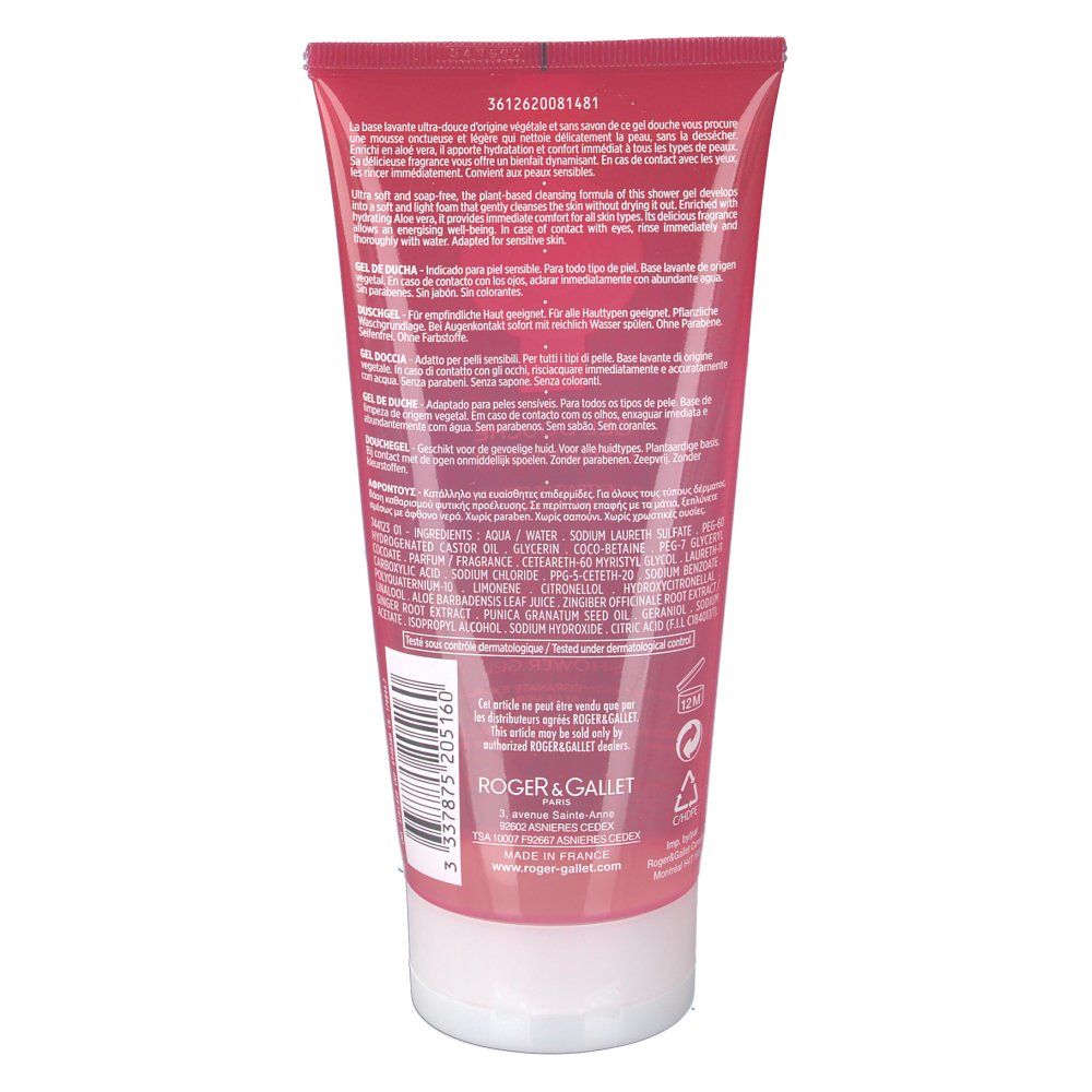 Retro del tubo rosso. Testo in più lingue. Tappo bianco. Marchio: Roger & Gallet.