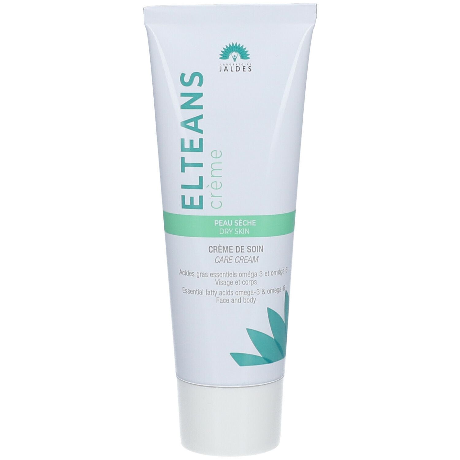 Tubo di crema ELTEANS, bianco con dettagli verdi. Testo: ELTEANS crème, Peau sèche, Crème de soin. Logo Jaldes.