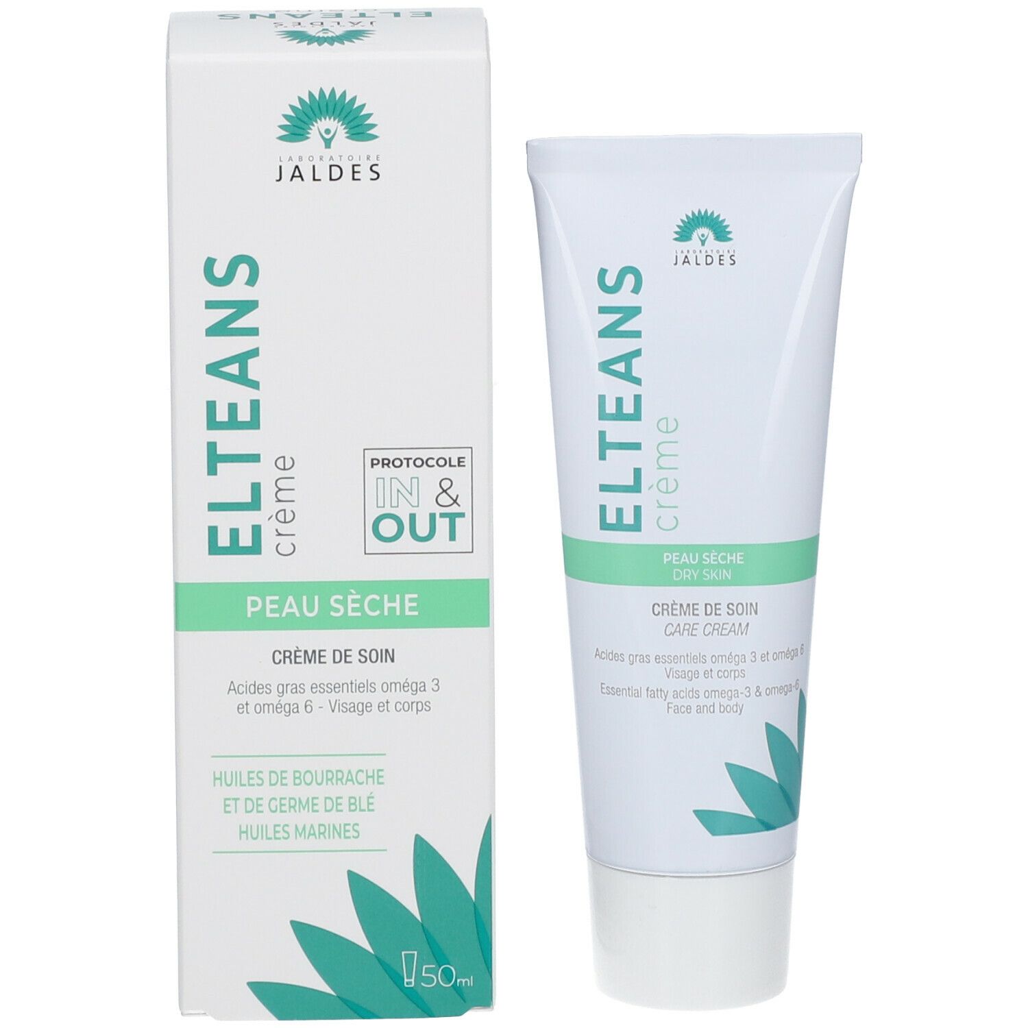 Tubo e scatola di crema ELTEANS. Testo: ELTEANS crème, Peau sèche, Crème de soin. Logo Jaldes. Scatola: 50ml.