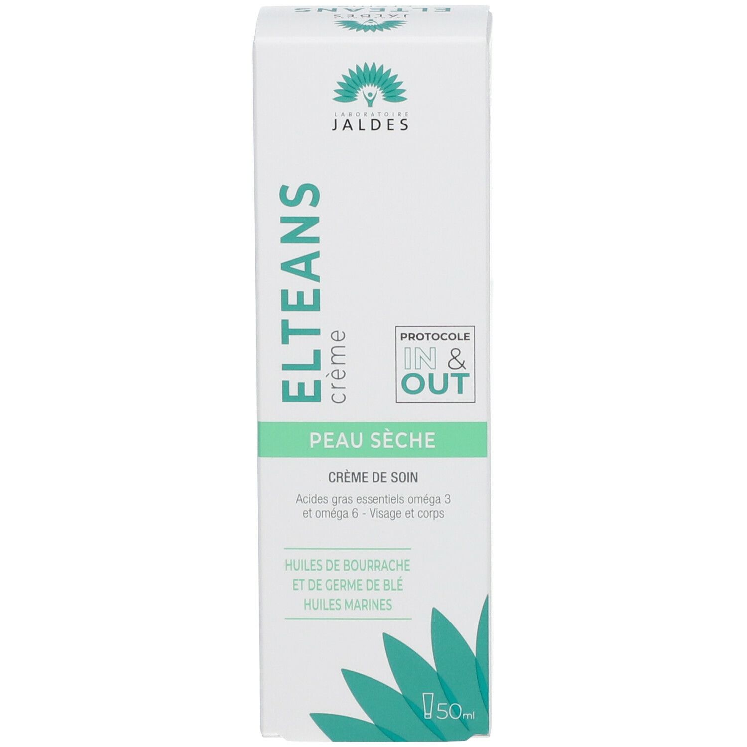 Scatola di crema ELTEANS. Testo: ELTEANS crème, Peau sèche, Crème de soin. Logo Jaldes. Volume: 50ml.