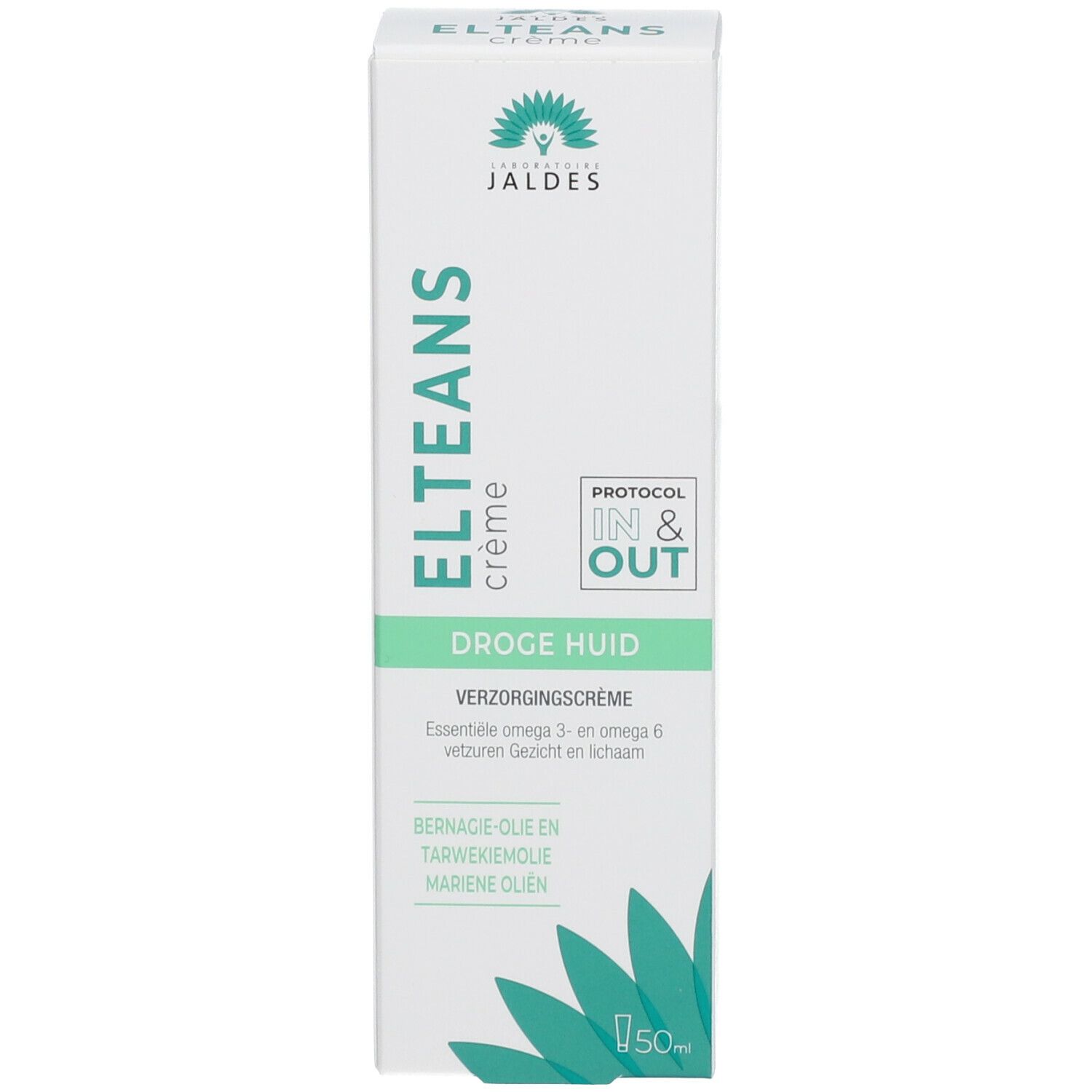 Scatola di crema ELTEANS. Testo: Droge Huid, Verzorgingscrème. Logo Jaldes. Volume: 50ml. Ingredienti.