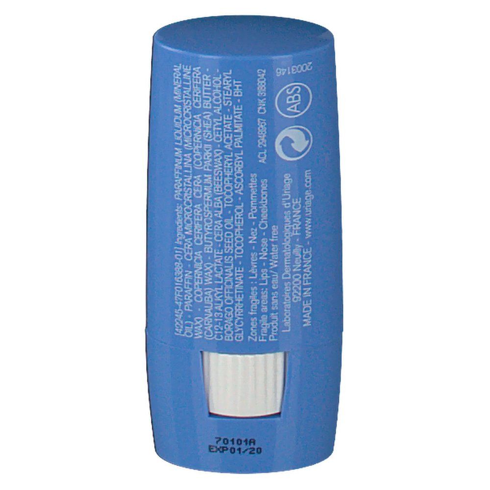 Retro dello stick blu. Contiene ingredienti, loghi e testo. Applicatore bianco in basso.