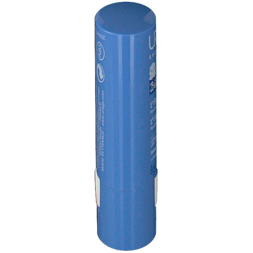 Stick blu, vista obliqua. Adesivo bianco con testo. Logo Uriage e nome del prodotto parzialmente visibili.