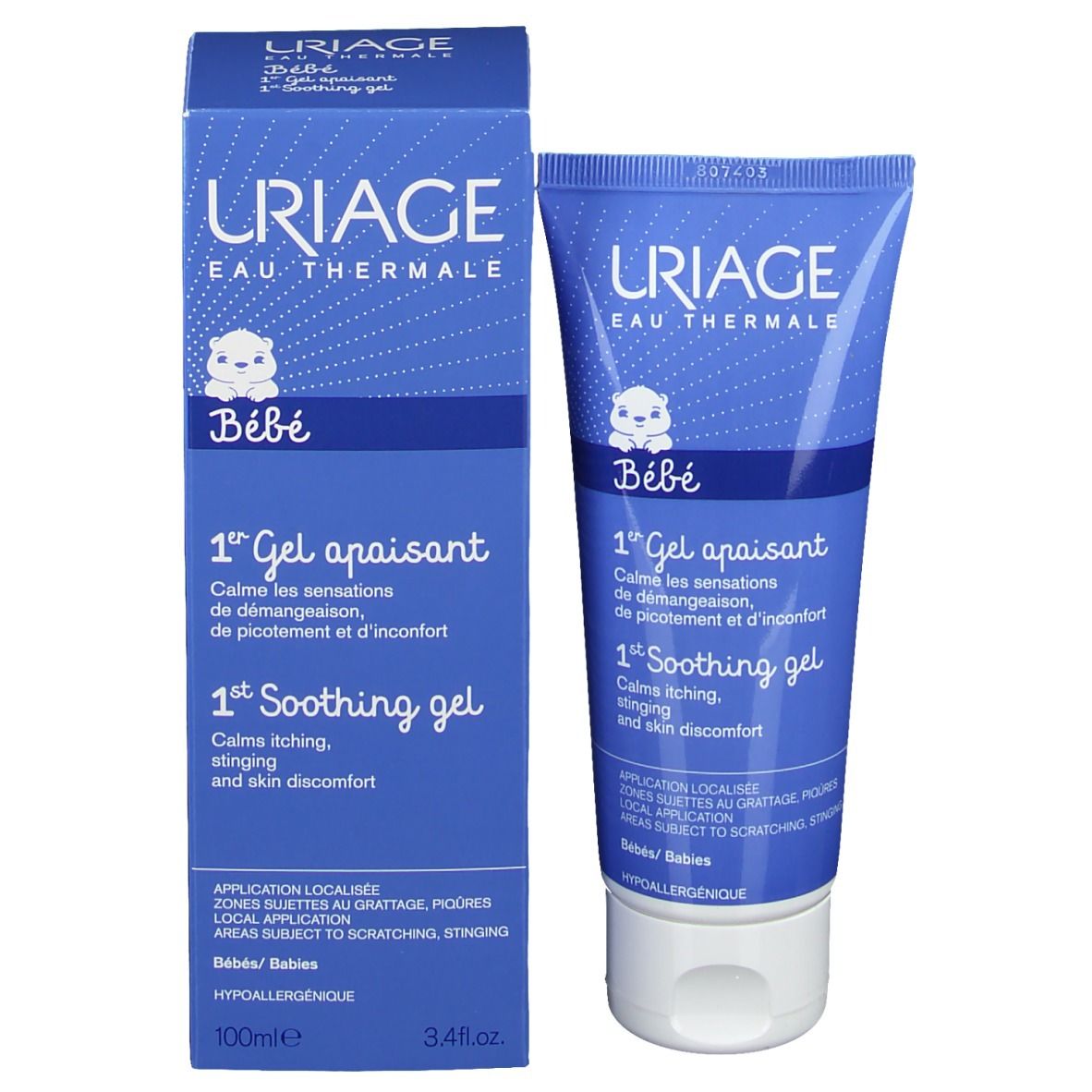 Confezione del prodotto: Scatola e tubo blu. Scritta: Uriage Bébé, 1er Gel apaisant. Simbolo bambino.