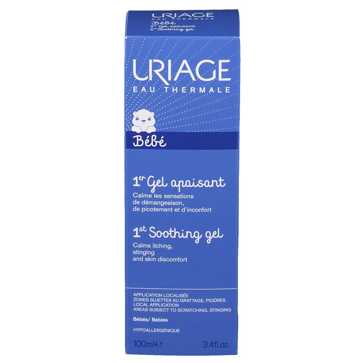 Scatola blu. Scritta: Uriage Bébé, 1er Gel apaisant. Contiene un simbolo per bambini. 100ml.