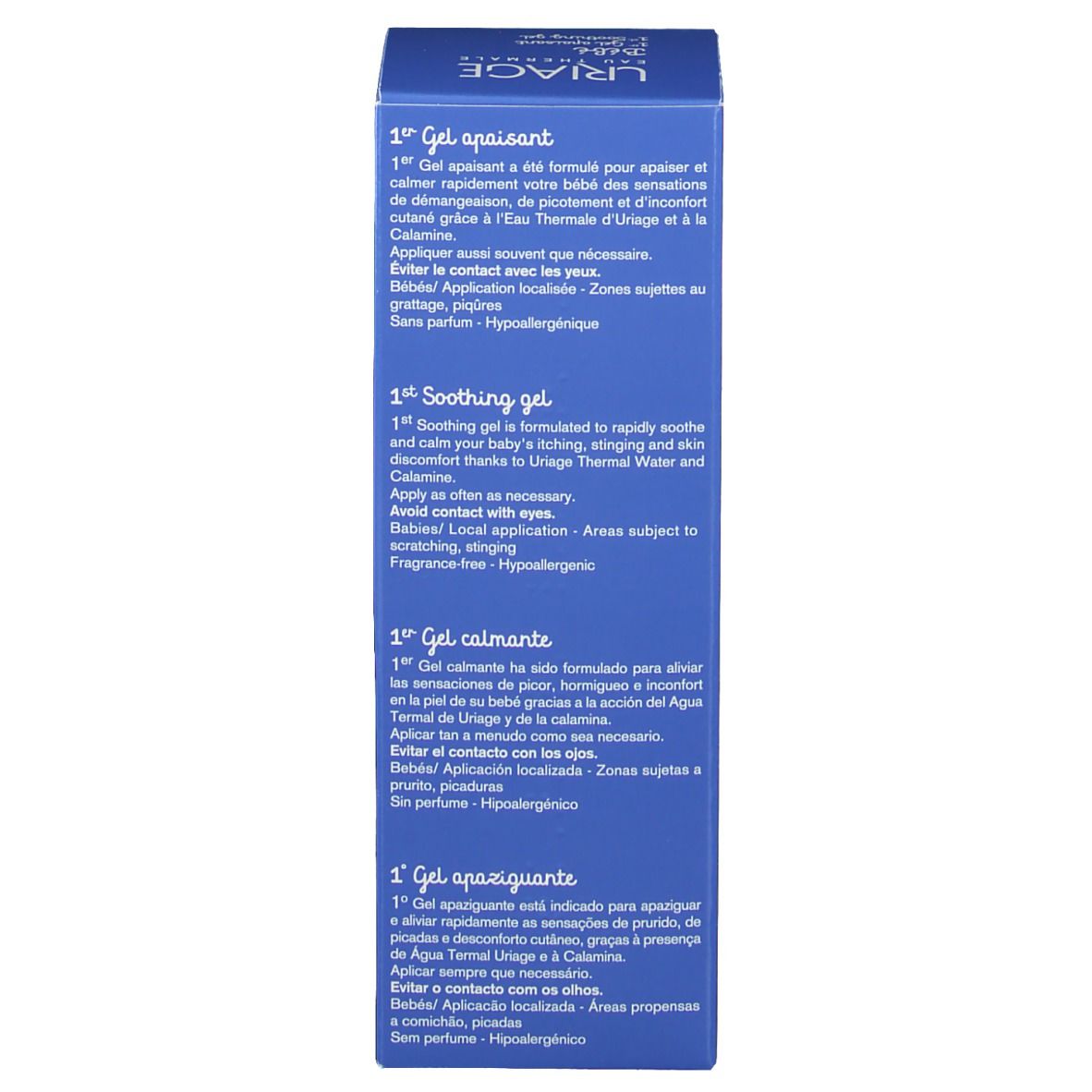 Scatola blu, lato con informazioni sul prodotto in più lingue. Contiene testo.