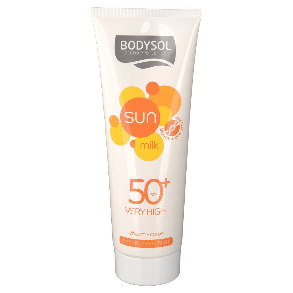 Tubo bianco Bodysol Sunmilk SPF50+. Grafica arancione. Testo: Sun Milk, 50+ Very High, resistente all'acqua.