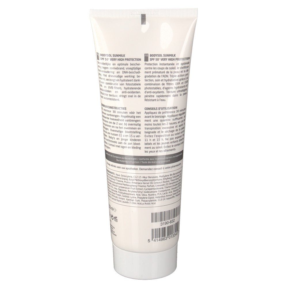 Retro del tubo Bodysol Sunmilk. Bianco, con testo. Codice a barre e testo: 250ml.