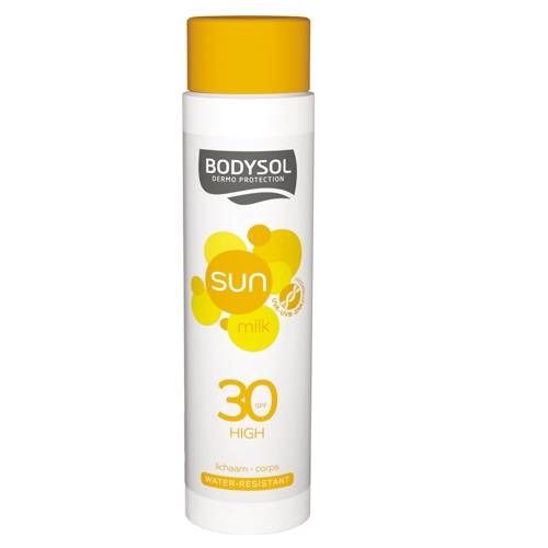 Flacone bianco con tappo giallo. Scritta: Bodysol, Sun Milk SPF30. Illustrazioni solari gialle.