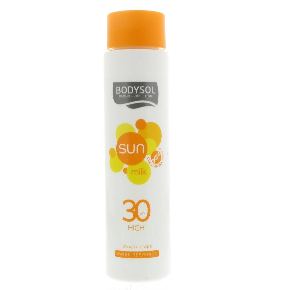 Flacone bianco con tappo arancione. Scritta: Bodysol, Sun Milk SPF30. Illustrazioni solari gialle.