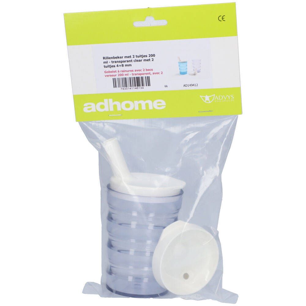 Bicchiere trasparente con 2 beccucci, confezionato. Con coperchio e beccuccio. Logo Adhome e marchio CE.