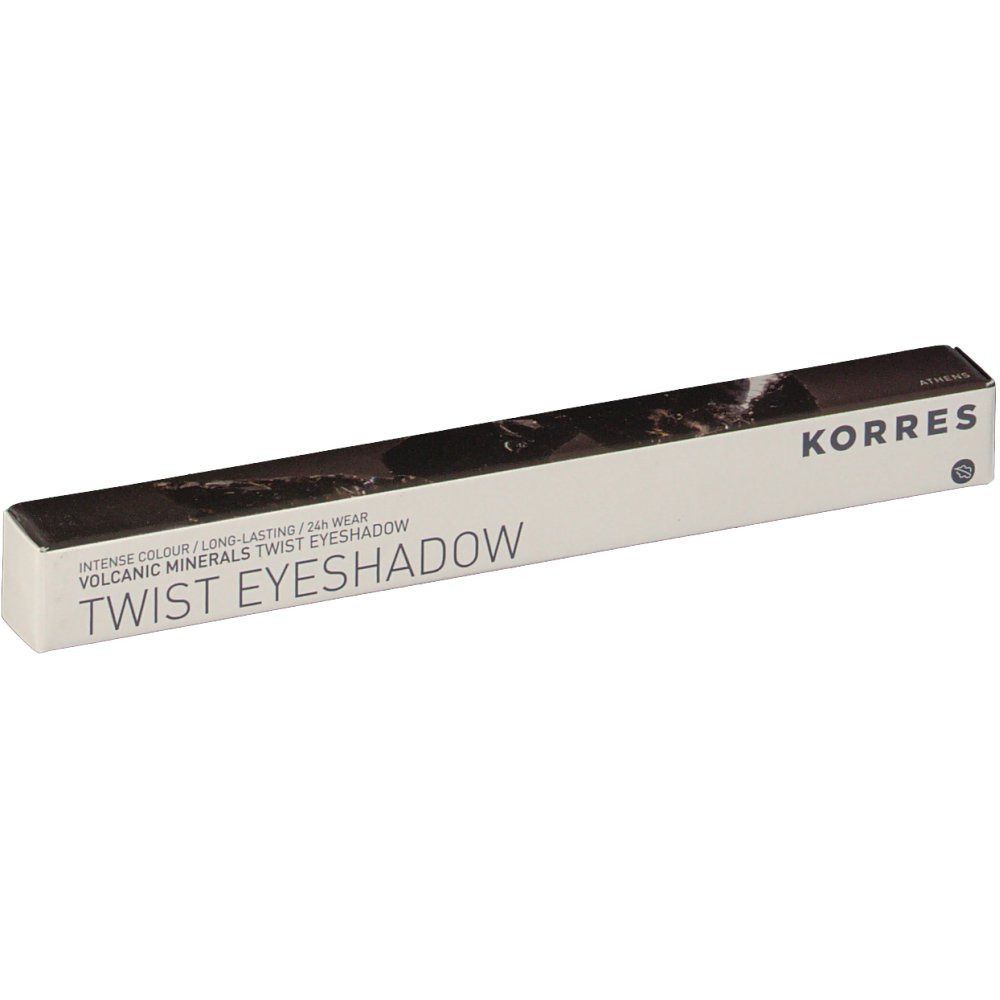 Confezione rettangolare bianca con scritte nere. Marchio KORRES, TWIST EYESHADOW. Scritte: INTENSE COLOUR, LONG LASTING.
