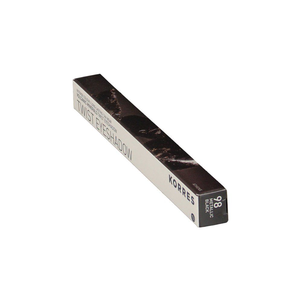 Vista angolata della confezione. Marchio KORRES, TWIST EYESHADOW. Colore: bianco con testo nero. Codice colore 98 METALLIC BLACK.
