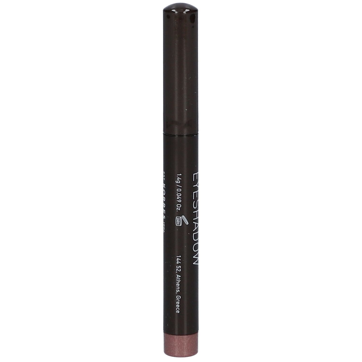 Matita ombretto Twist marrone scuro. Scritta: Twist Eyeshadow. 1g/0.049 Oz. 144 52, Athens, Greece.