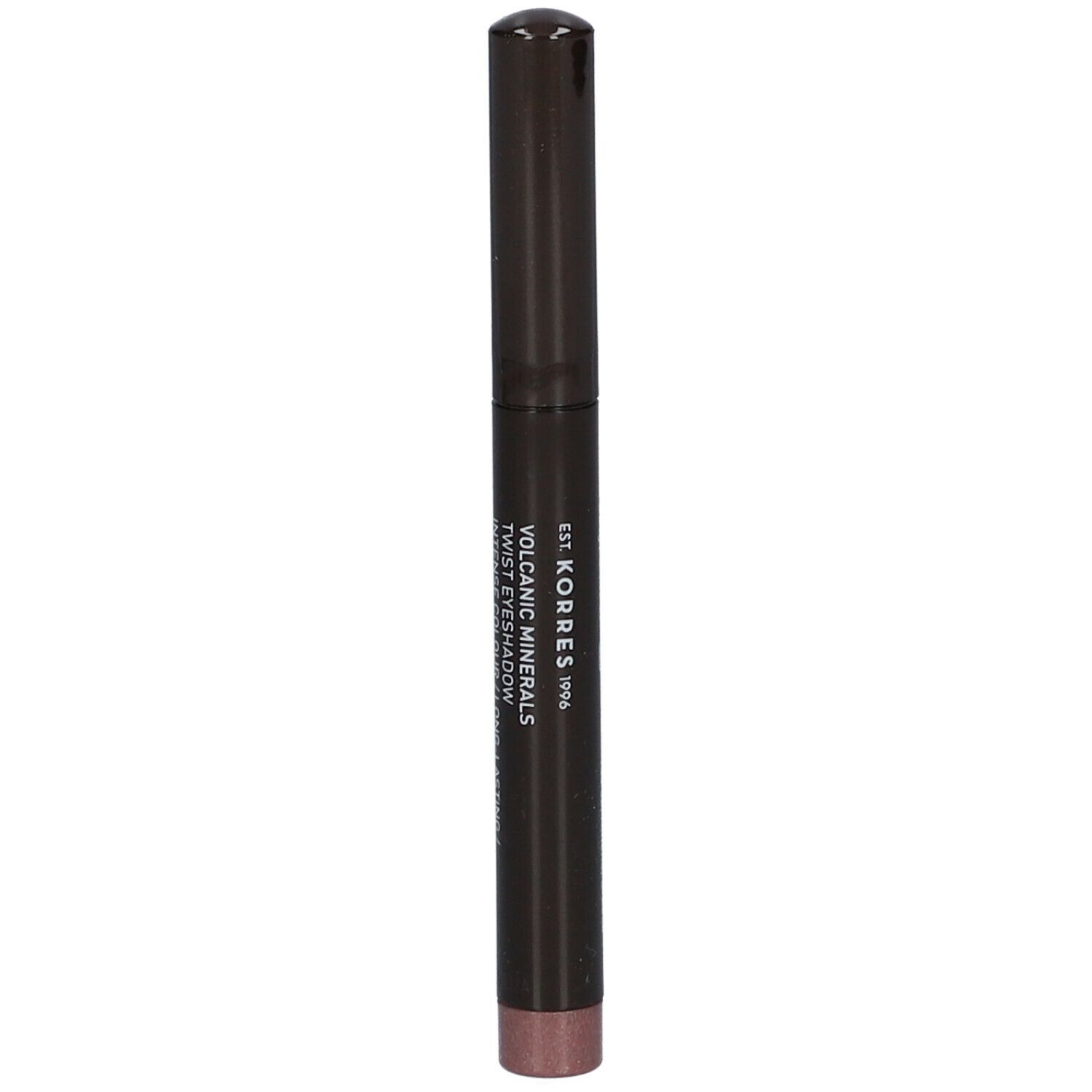 Matita ombretto Twist marrone scuro. Scritta: KORRES, Volcanic Minerals, Twist Eyeshadow.