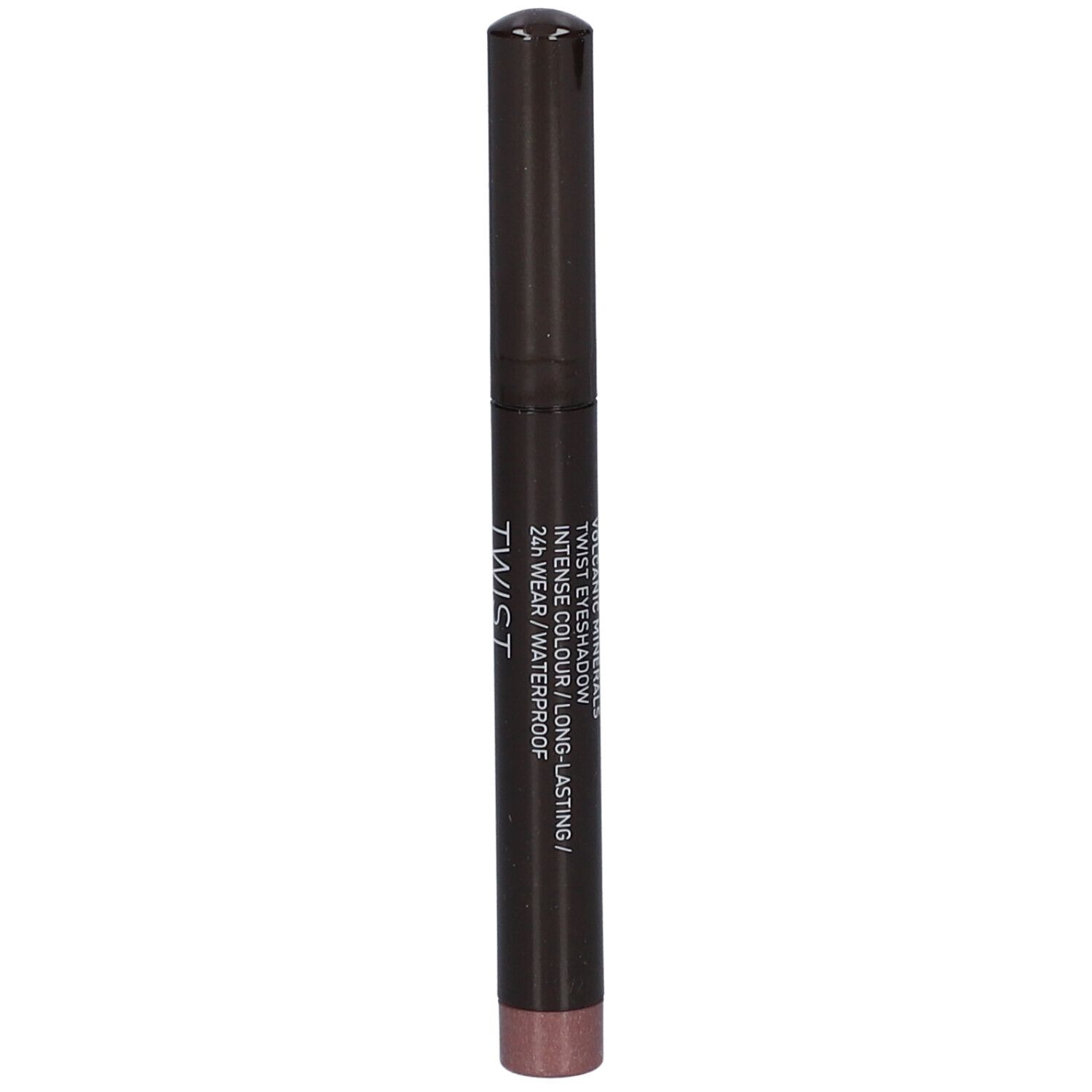 Matita ombretto Twist marrone scuro. Scritta: Twist Eyeshadow, Intense Colour, 24h Wear, Waterproof.