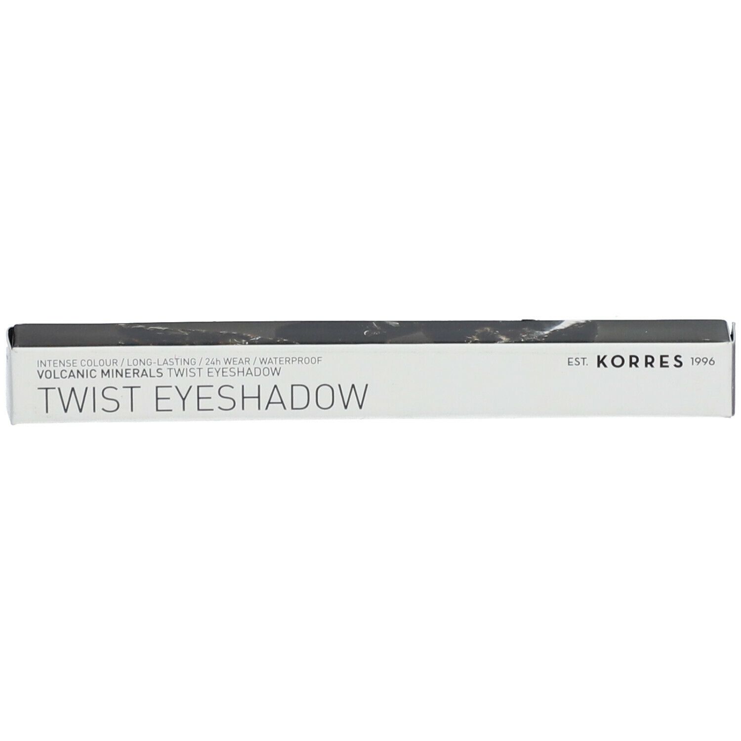Confezione KORRES Eyeshadow Twist. Bianca con testo nero. Nome del prodotto e marchio visibili.