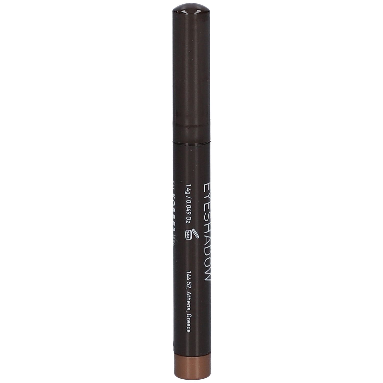 Matita ombretto marrone. Scritta: Eyeshadow, 1.4g / 0.049 Oz, 144.52 Athens, Greece.