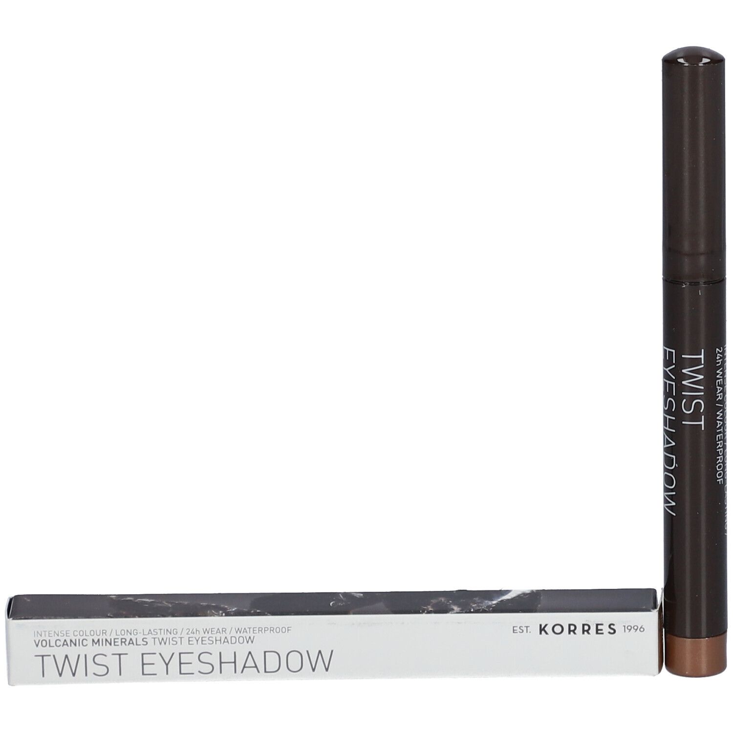 Matita ombretto marrone e confezione. Scritta: Twist Eyeshadow, KORRES 1996.