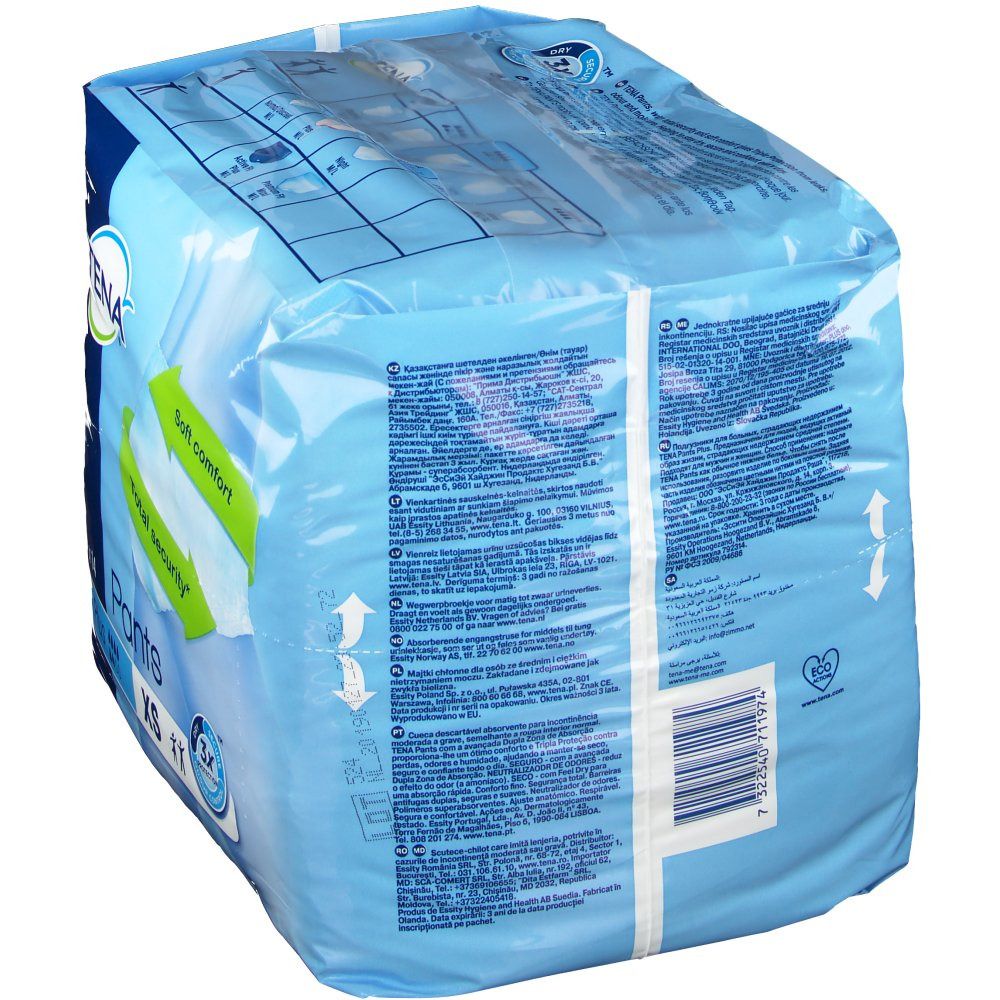 Retro della confezione TENA Pants Plus XS. Film blu con informazioni sul prodotto e codice a barre.