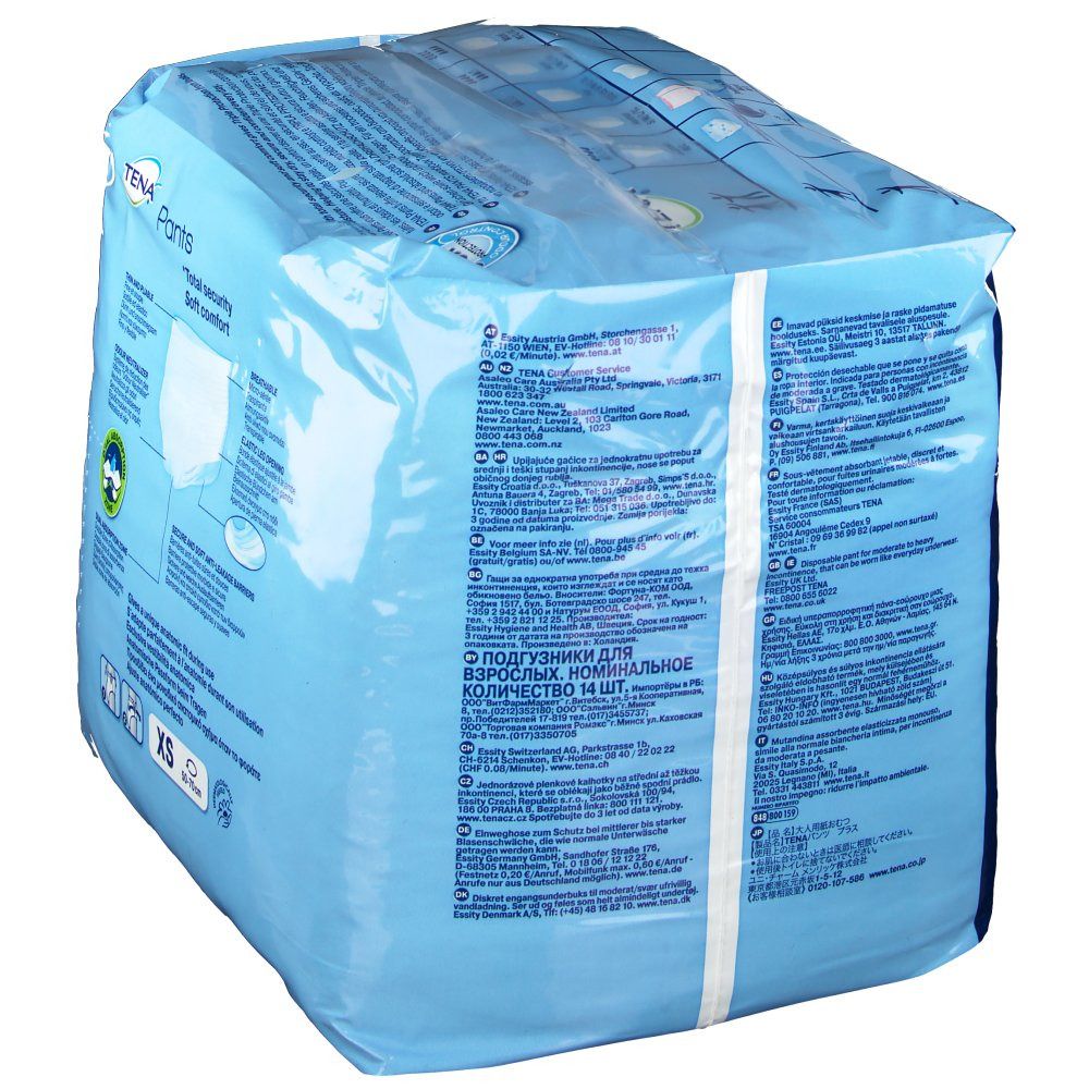 Vista posteriore della confezione TENA Pants Plus XS. Film blu con informazioni sul prodotto e testo.