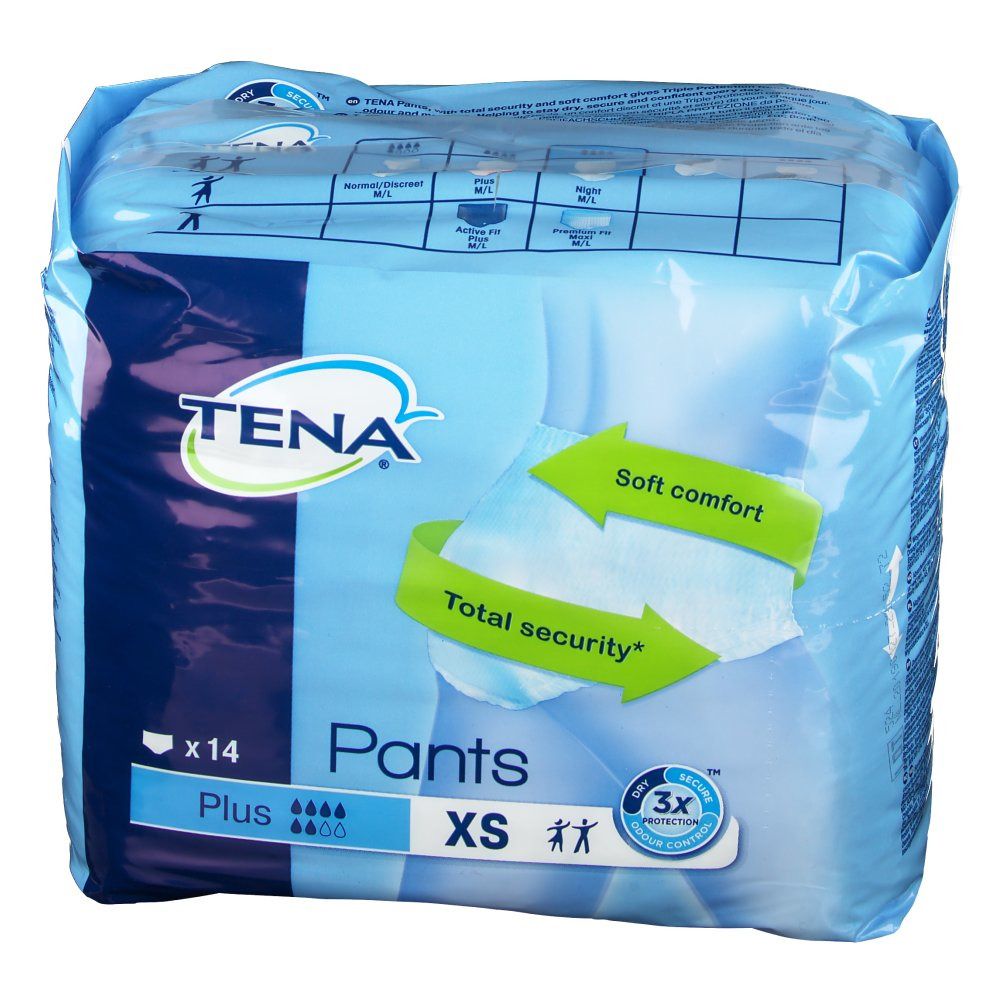 Confezione TENA Pants Plus XS. Imballaggio blu con nome prodotto, logo e pittogrammi. 14 pezzi.
