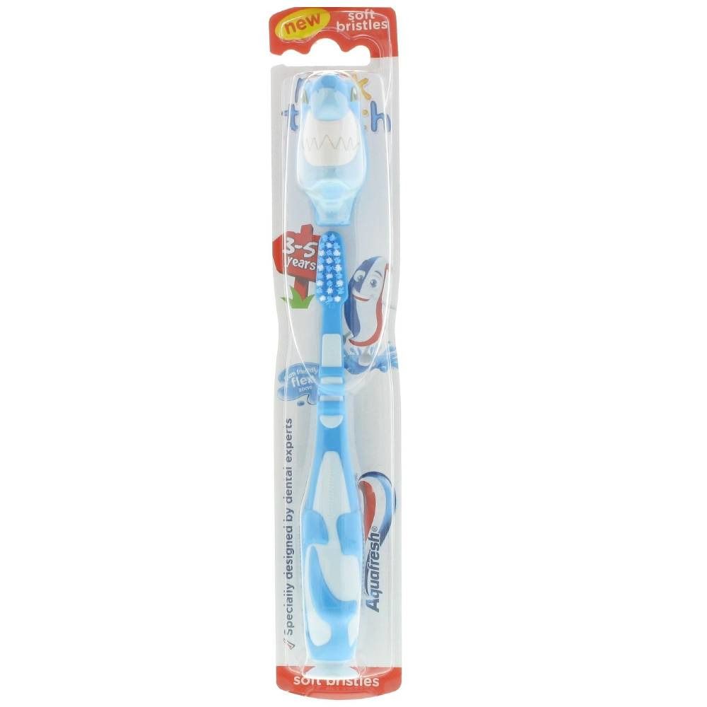 Spazzolino da denti per bambini blu, design squalo. Setole morbide, confezione. Marca: Aquafresh.