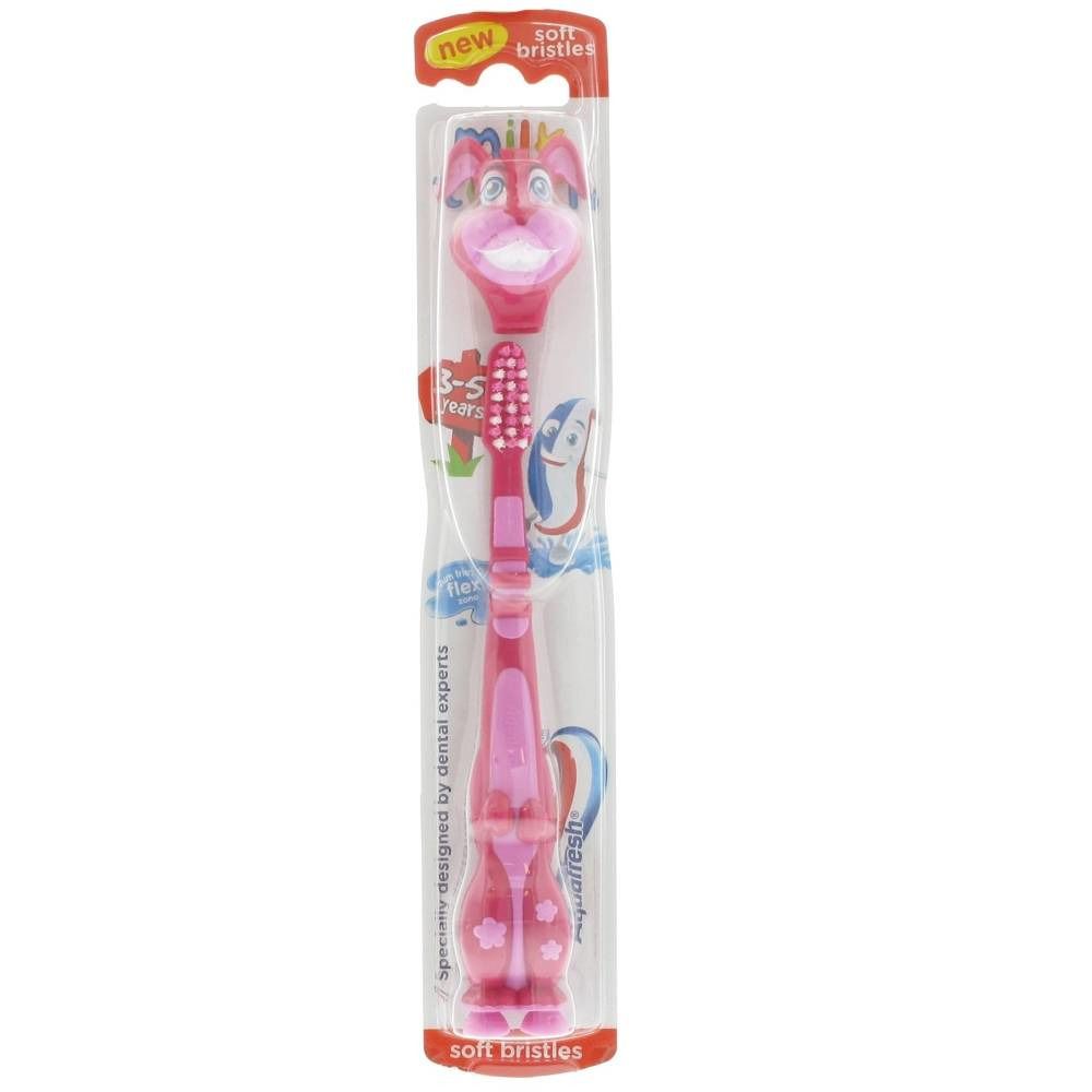 Spazzolino da denti rosa per bambini con motivo animale. Setole morbide, confezione. Marca: Aquafresh.