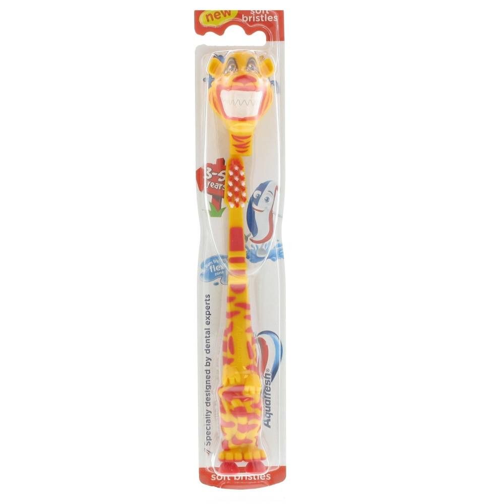 Spazzolino da denti giallo-arancio per bambini con motivo animale. Setole morbide, confezione. Marca: Aquafresh.