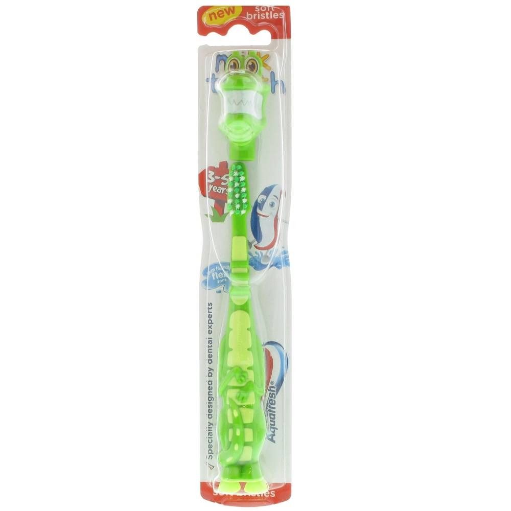 Spazzolino da denti verde per bambini, design coccodrillo. Setole morbide, confezione. Marca: Aquafresh.