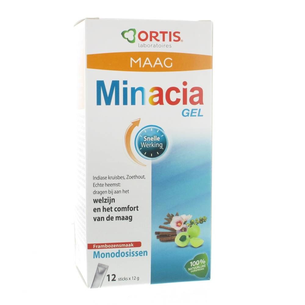 Confezione 'Minacia Gel' con logo 'Ortis Laboratoires'. Contiene 12 stick. Gusto lampone. Testo in olandese.