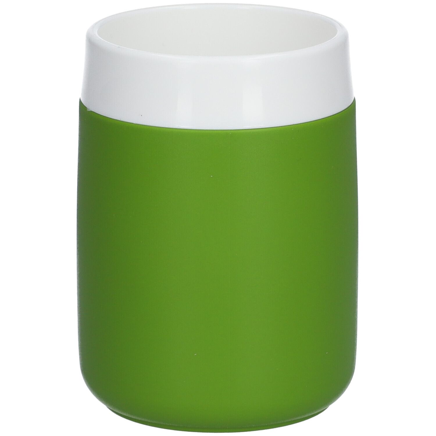Tazza bianca e verde. Forma cilindrica, bordo bianco, corpo verde. Senza manico.