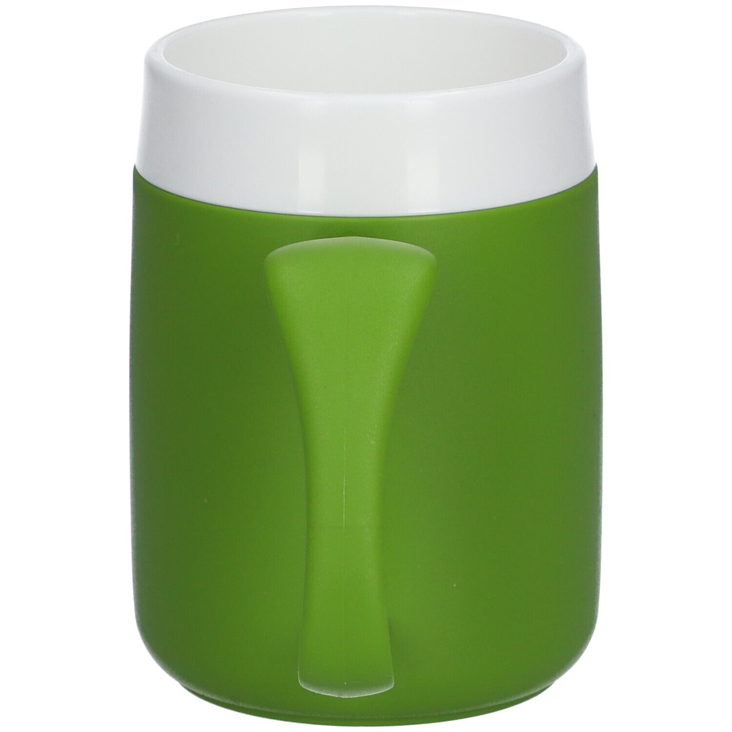 Tazza bianca e verde. Forma cilindrica, bordo bianco, corpo verde. Con manico verde.
