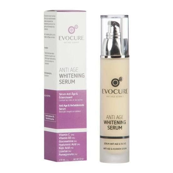 Flacone e scatola di siero Evocure Anti Age Whitening. Sul flacone e sulla scatola è scritto "Anti Age Whitening Serum".