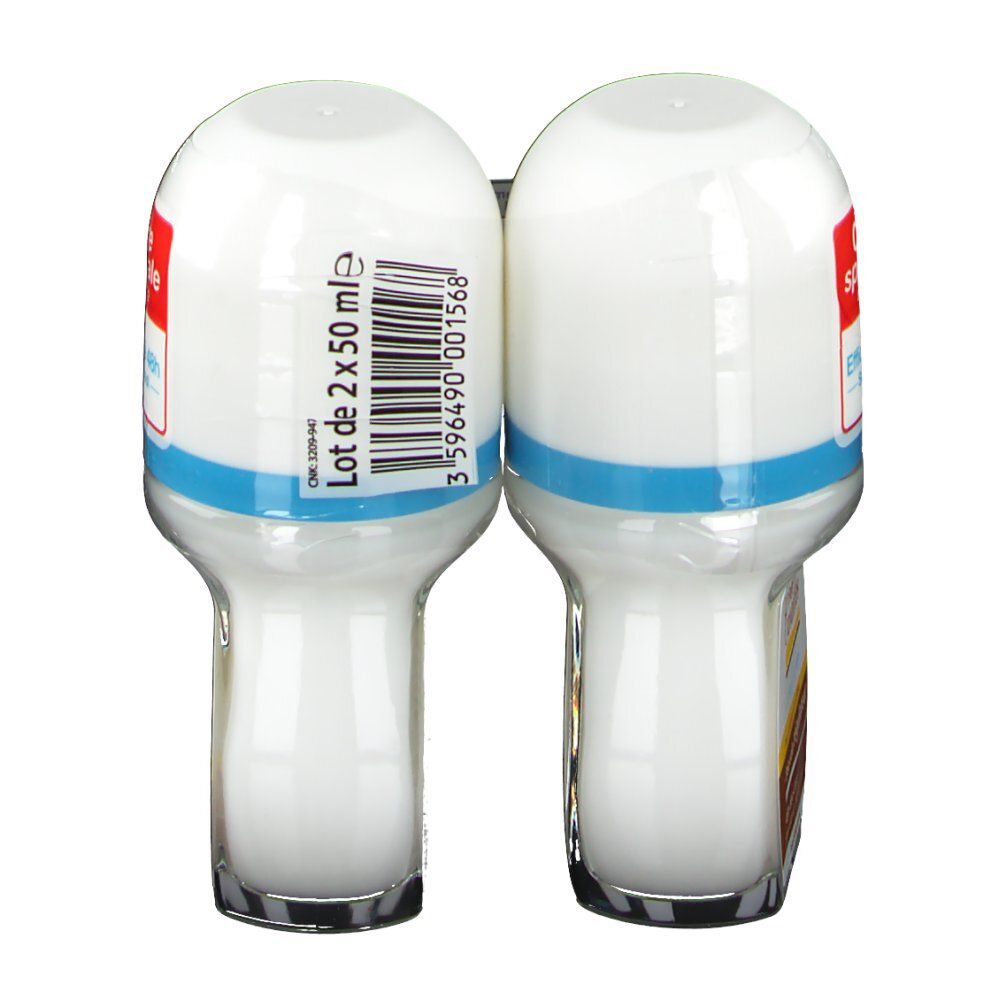 Due deodoranti roll-on affiancati. Flaconi bianchi, strisce blu. Codice a barre e testo: "Lot de 2 x 50 ml".
