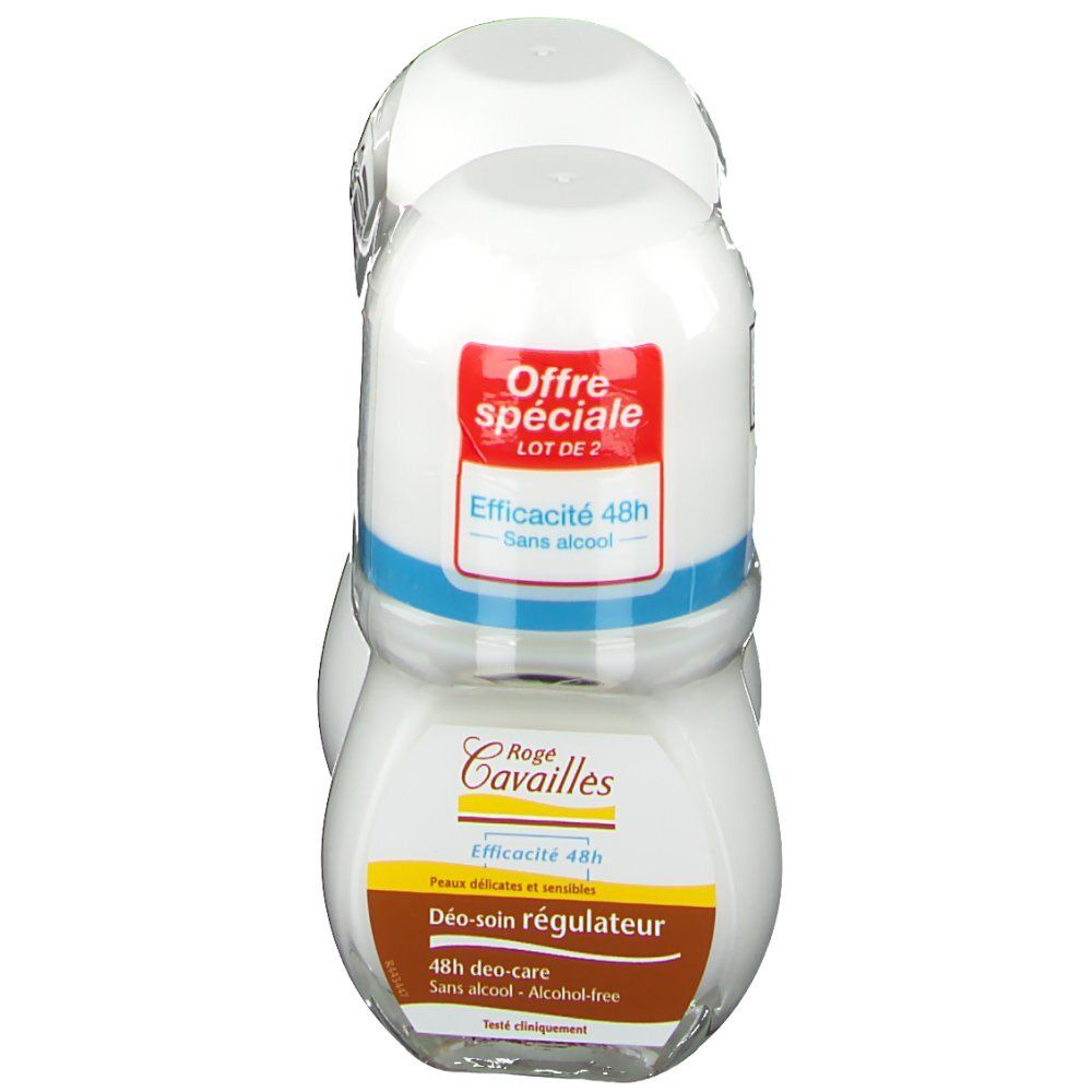 Due deodoranti roll-on in confezione. Flaconi bianchi, etichette rosse e blu. Testo: "Offre spéciale", "LOT DE 2".
