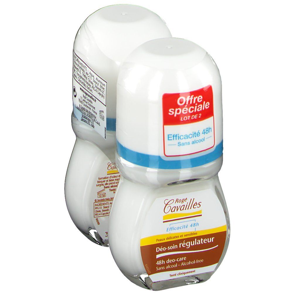 Due deodoranti roll-on in confezione. Flaconi bianchi, etichette rosse e blu. Testo: "Offre spéciale", "LOT DE 2".
