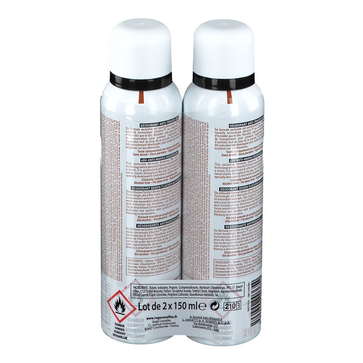 Due deodoranti in confezione. Flaconi bianco-marroni, anello nero, tappo bianco. Testo: Déodorant Absorb+.