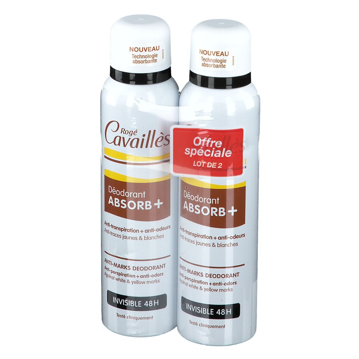 Due deodoranti in pellicola. Flaconi bianco-marroni, anello nero, tappo bianco. Testo: Rogé Cavaillès, Absorb+.