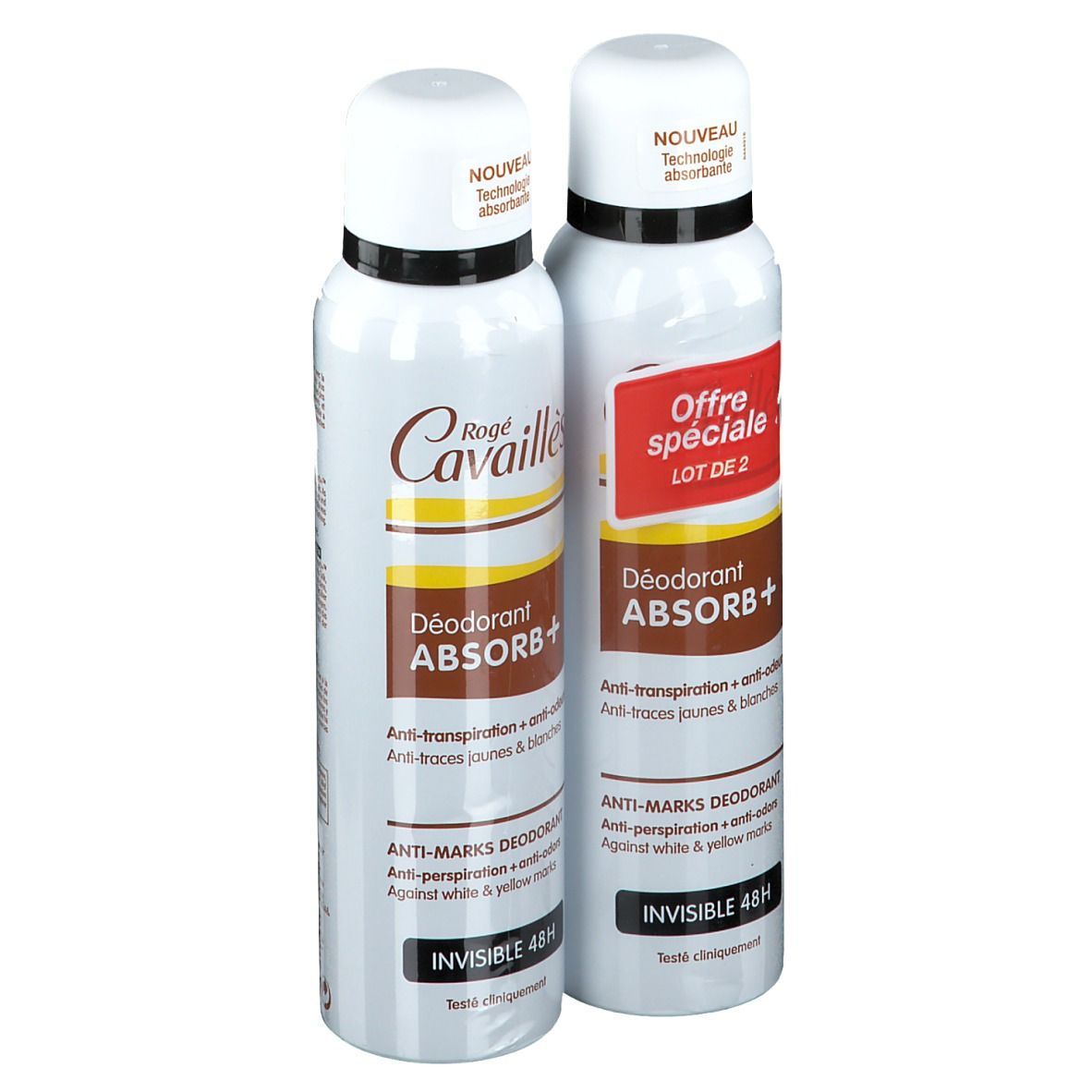 Due deodoranti. Flaconi bianco-marroni, anello nero, tappo bianco. Testo: Rogé Cavaillès, Absorb+, Offre spéciale.