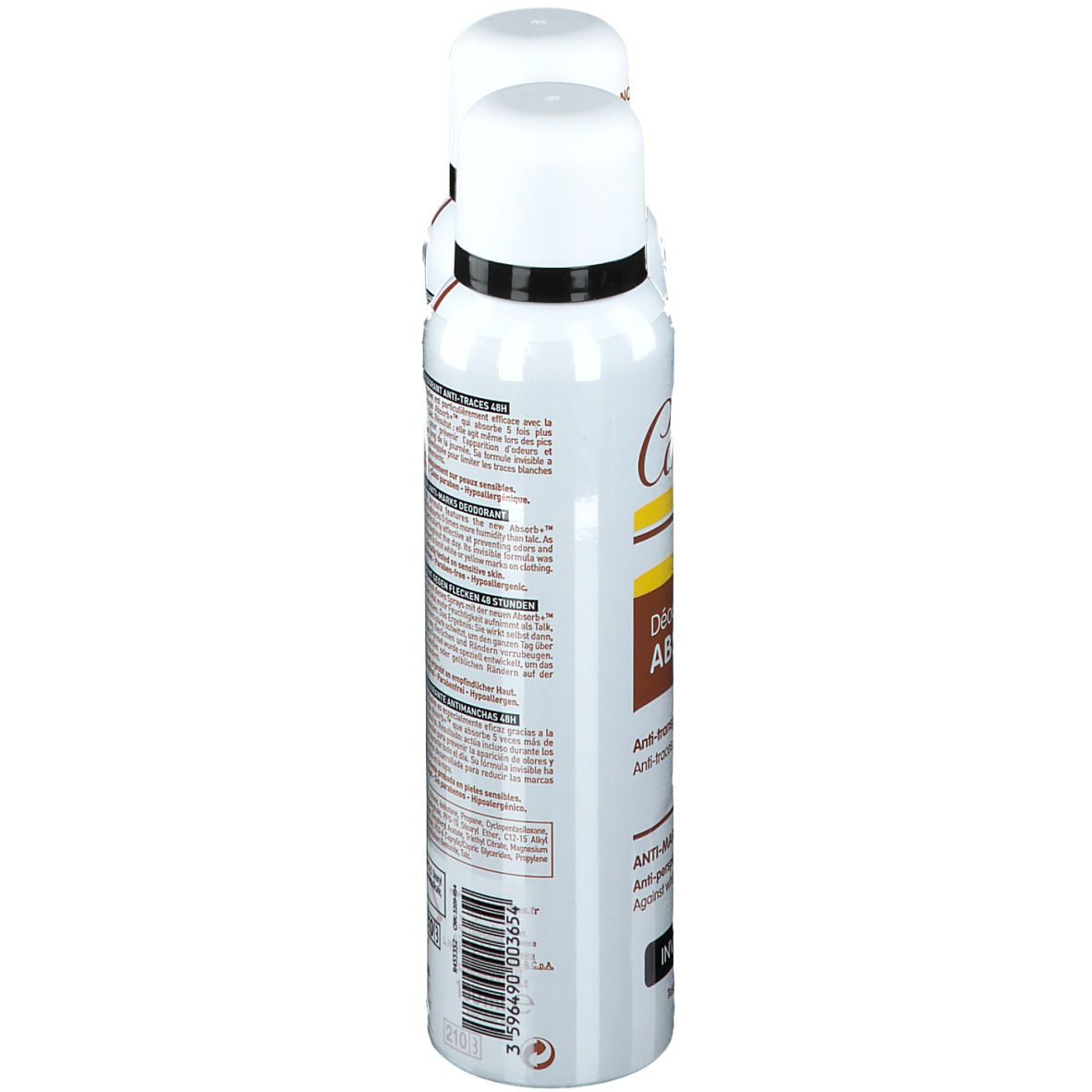 Due deodoranti spray. Flaconi bianco-marroni, anello nero, tappo bianco. Testo: Déodorant Absorb+.