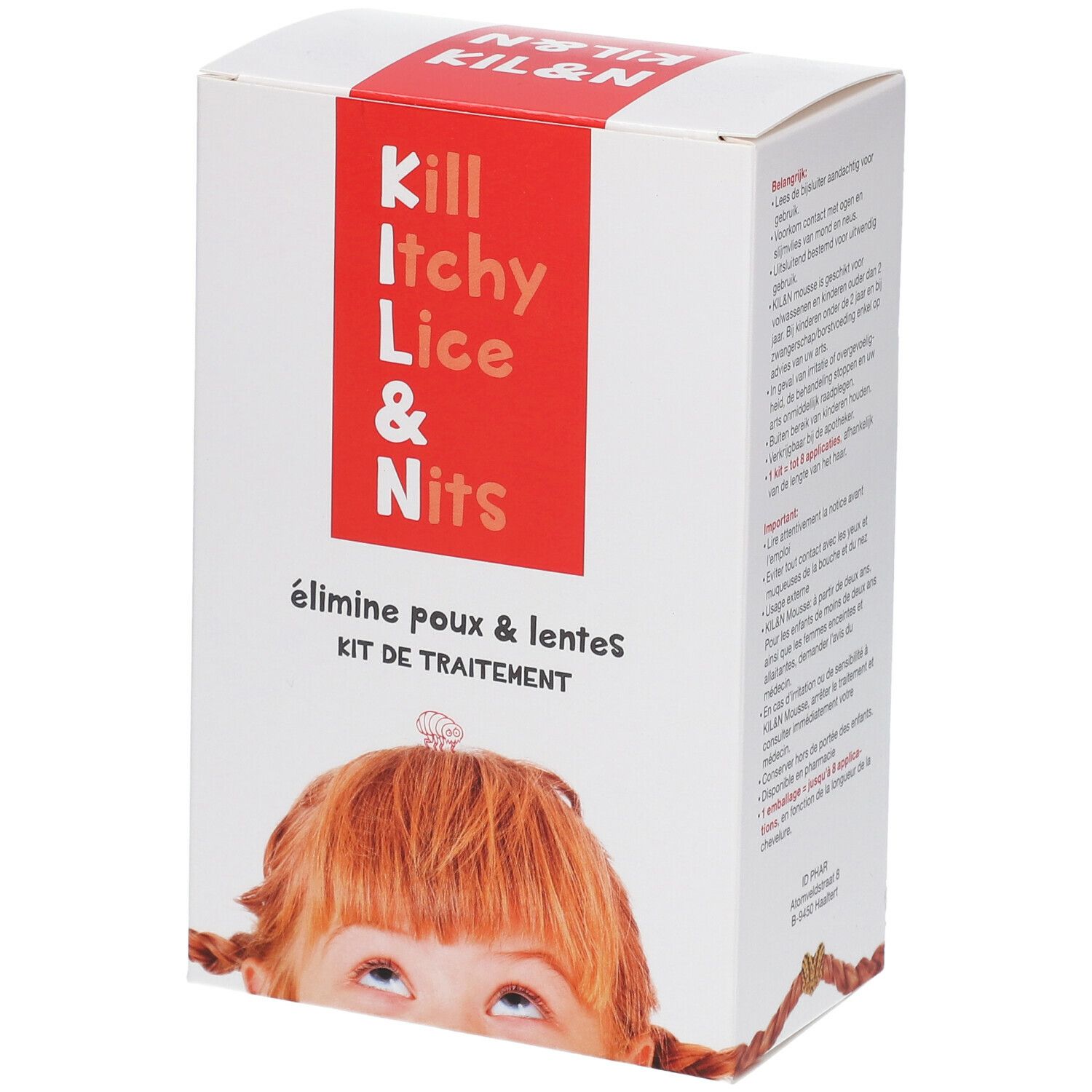 Confezione con fascia rossa e testo: Kill Itchy Lice & Nits. Bambino con trecce. Francese: élimine poux & lentes, KIT DE TRAITEMENT.