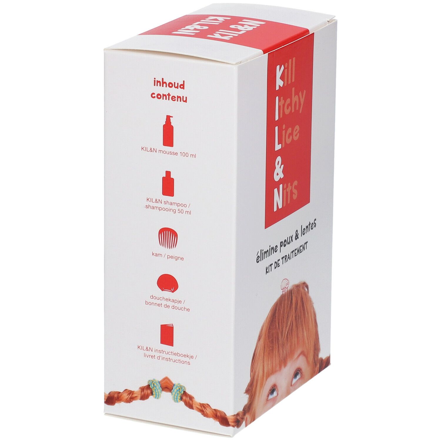 Confezione con fascia rossa e testo: Kill Itchy Lice & Nits. Contenuto: KIL&N Mousse, shampoo, pettine, cuffia doccia, istruzioni.