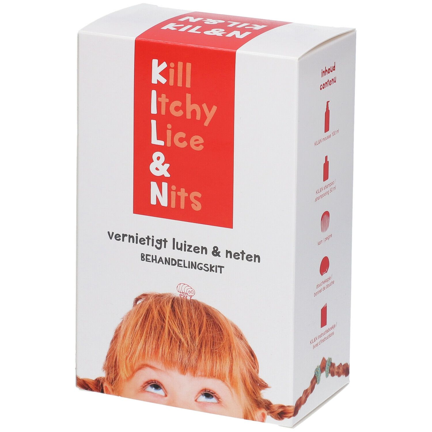 Confezione con fascia rossa e testo: Kill Itchy Lice & Nits. Bambino con trecce. Olandese: vernietigt luizen & neten, BEHANDELINGSKIT.