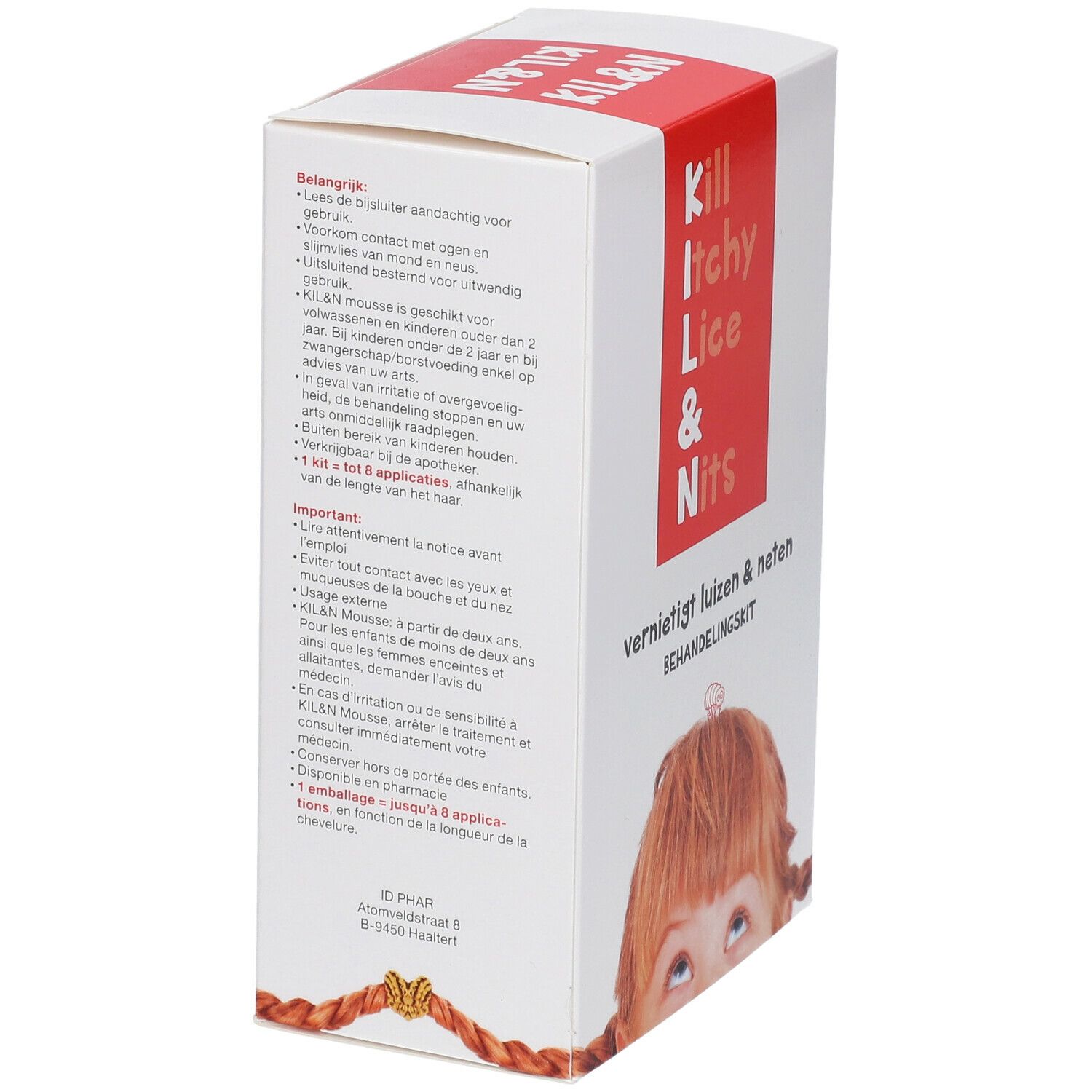 Confezione con fascia rossa e testo: Kill Itchy Lice & Nits. Testo: Avvertenze importanti. Bambino con trecce. Olandese: vernietigt luizen & neten.