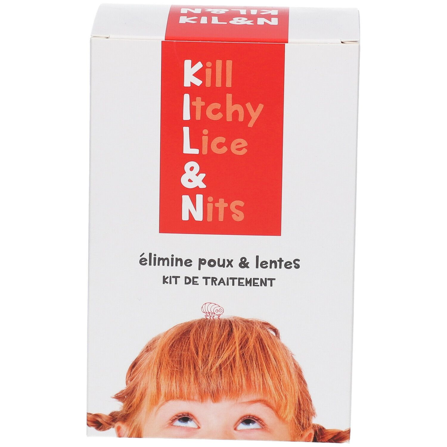 Confezione con fascia rossa e testo: Kill Itchy Lice & Nits. Francese: élimine poux & lentes, KIT DE TRAITEMENT. Bambino con trecce.